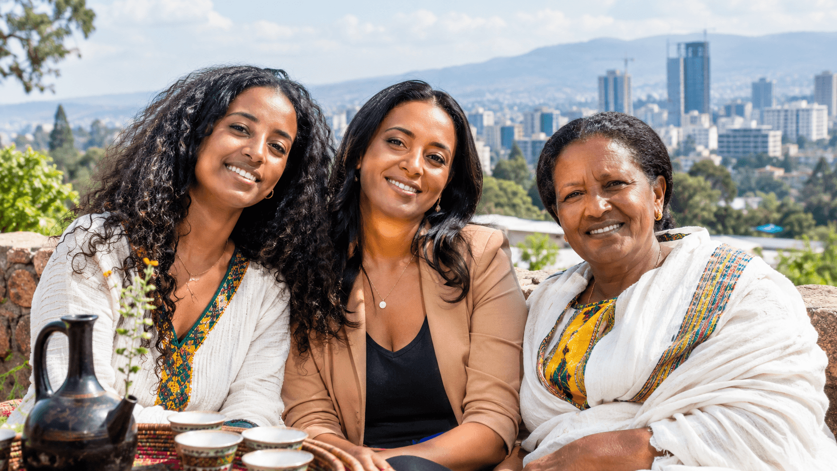 Three Ethiopian women of different generations together in Addis Ababa, representing modern Ethiopian women, culture and everyday life.