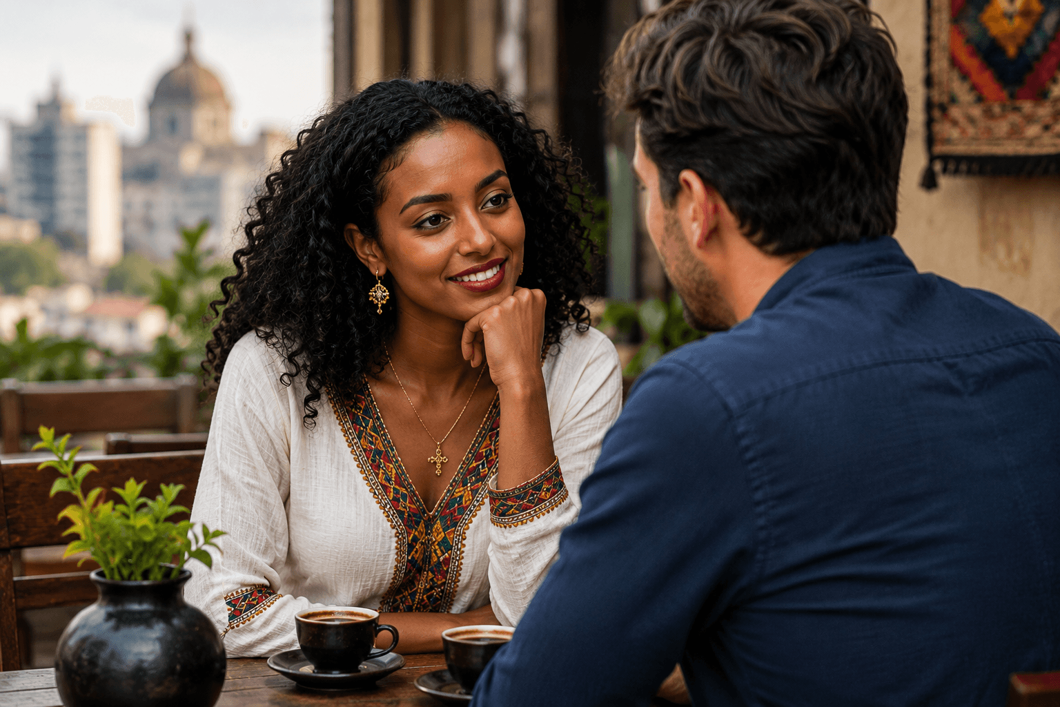 Ethiopian woman and foreign man talking over coffee on a café terrace in Ethiopia.