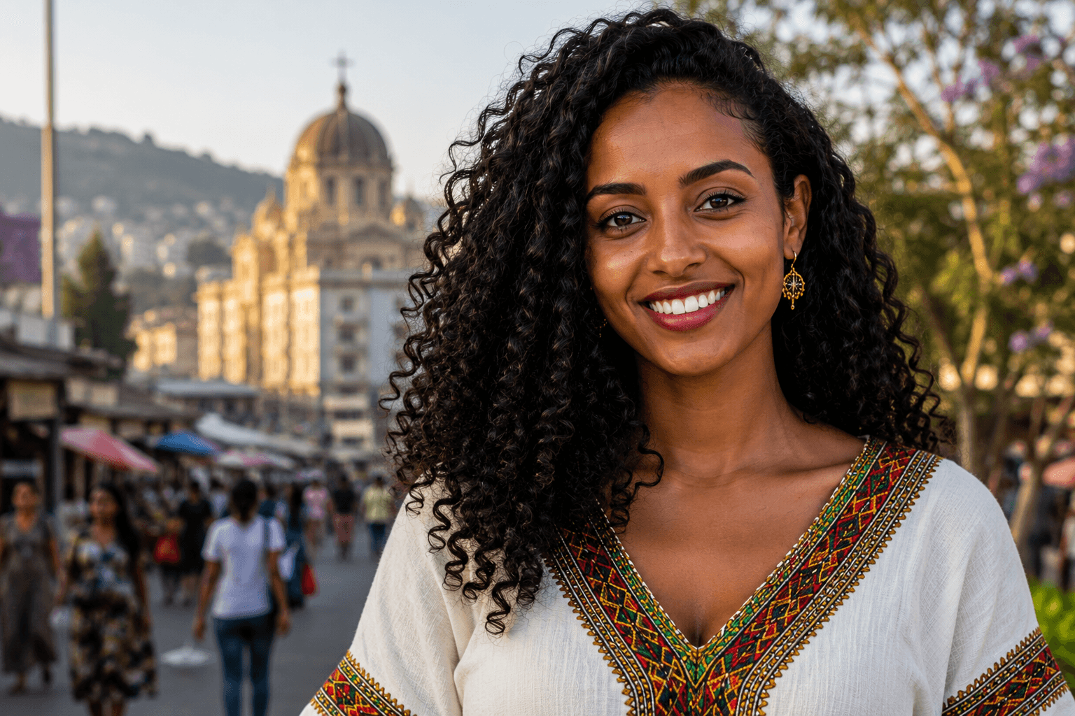 Young Ethiopian woman smiling in a busy Addis Ababa street, wearing traditional Ethiopian embroidered clothing.