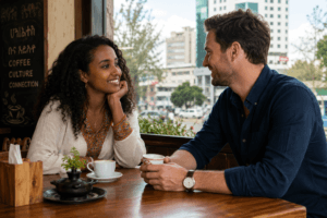 Ethiopian woman and foreign man talking over coffee at a café in Addis Ababa