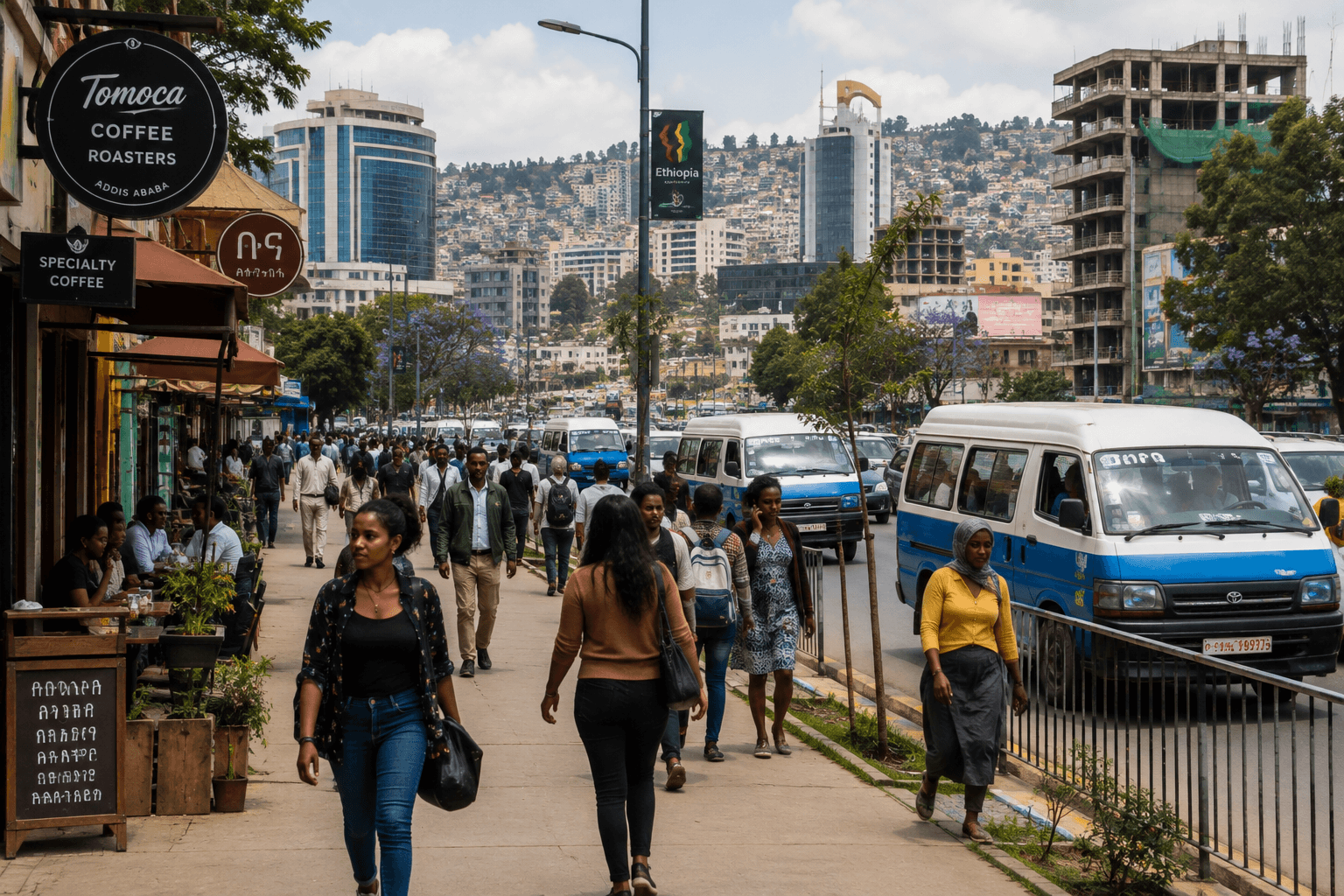 Busy street in Addis Ababa with Ethiopian pedestrians, shops and city traffic