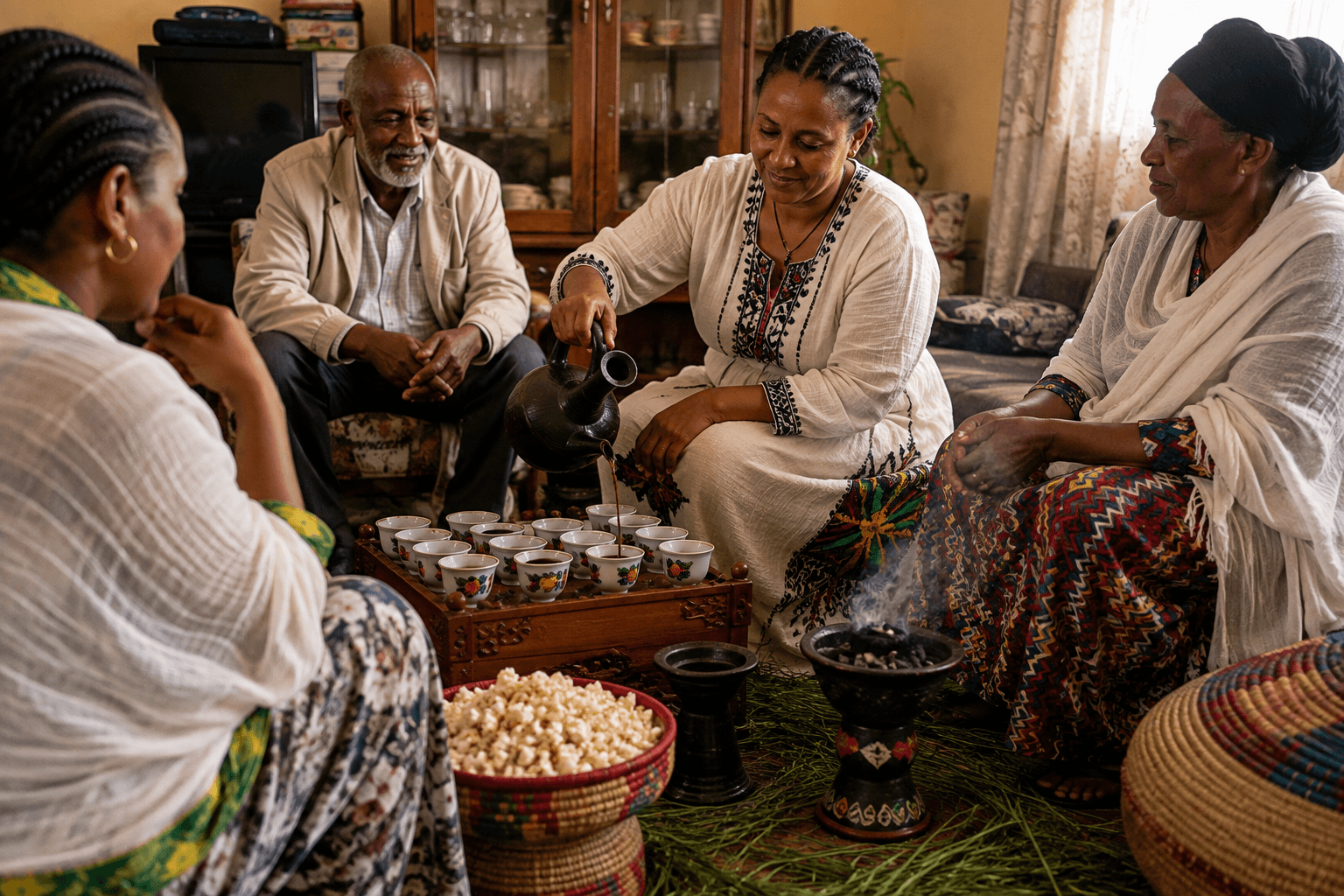 Ethiopian family sharing a traditional coffee ceremony as a woman pours coffee from a jebena.