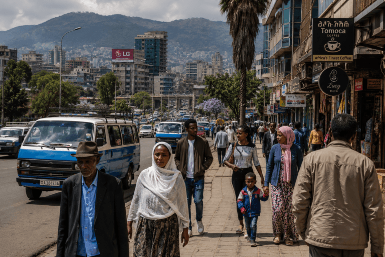 Ethiopian pedestrians on a busy street in Addis Ababa with shops and city traffic in the background.