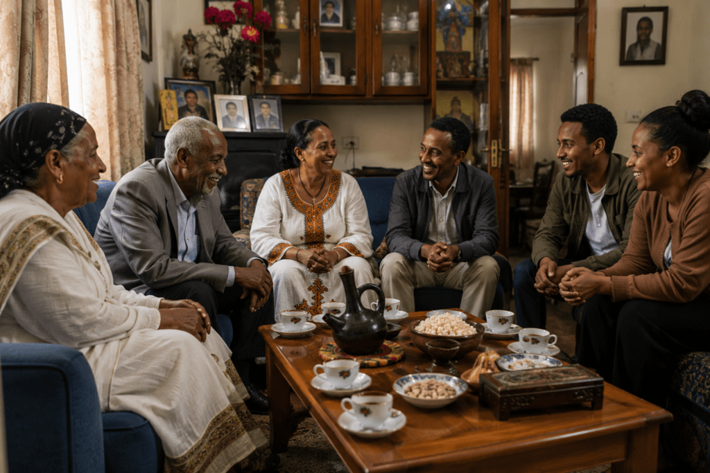 Ethiopian family of several generations sitting together at home during a family gathering.
