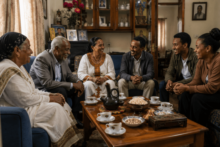 Ethiopian family of several generations sitting together at home during a family gathering.